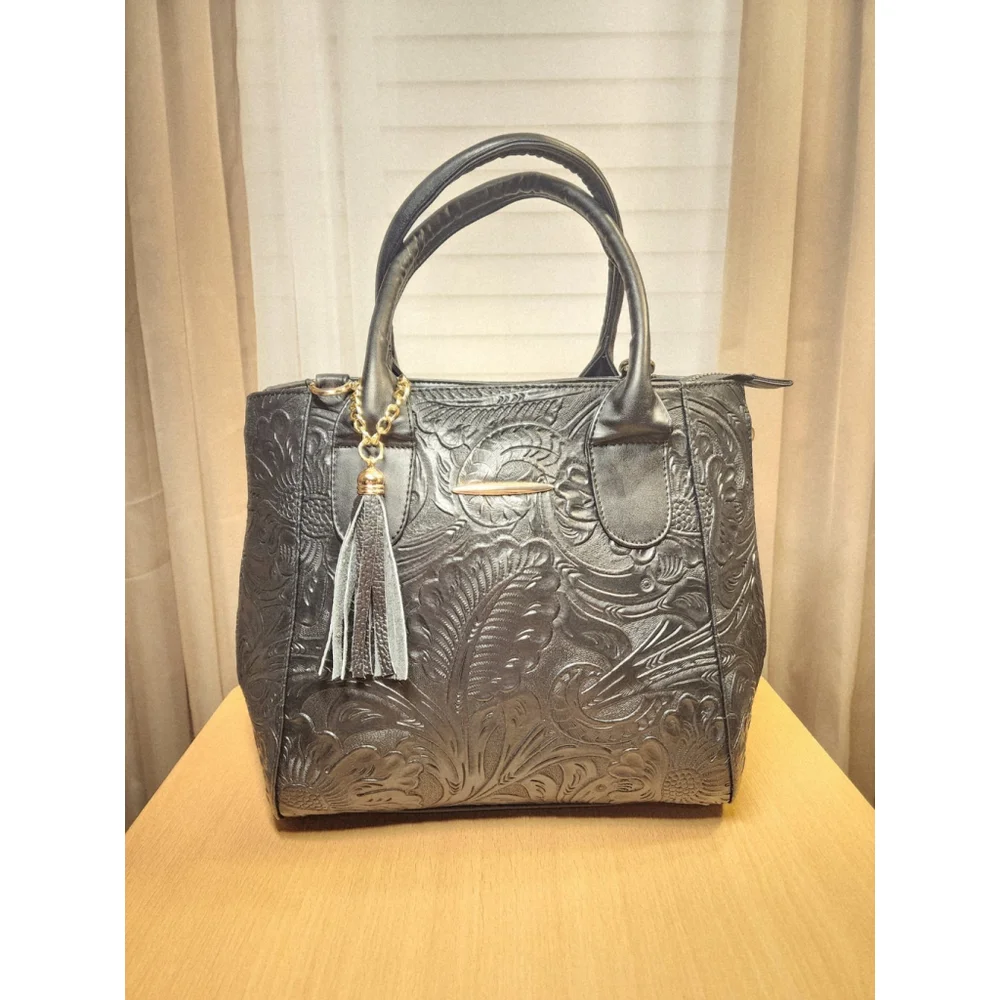 Black Zippered Floral Embossed Tooled Artisan LEATHER Hobo Bag Purse Artesanal